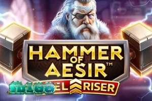 Tampilan antarmuka seluler dari slot Hammer of Aesir yang menunjukkan gulungan dan tombol kontrol.