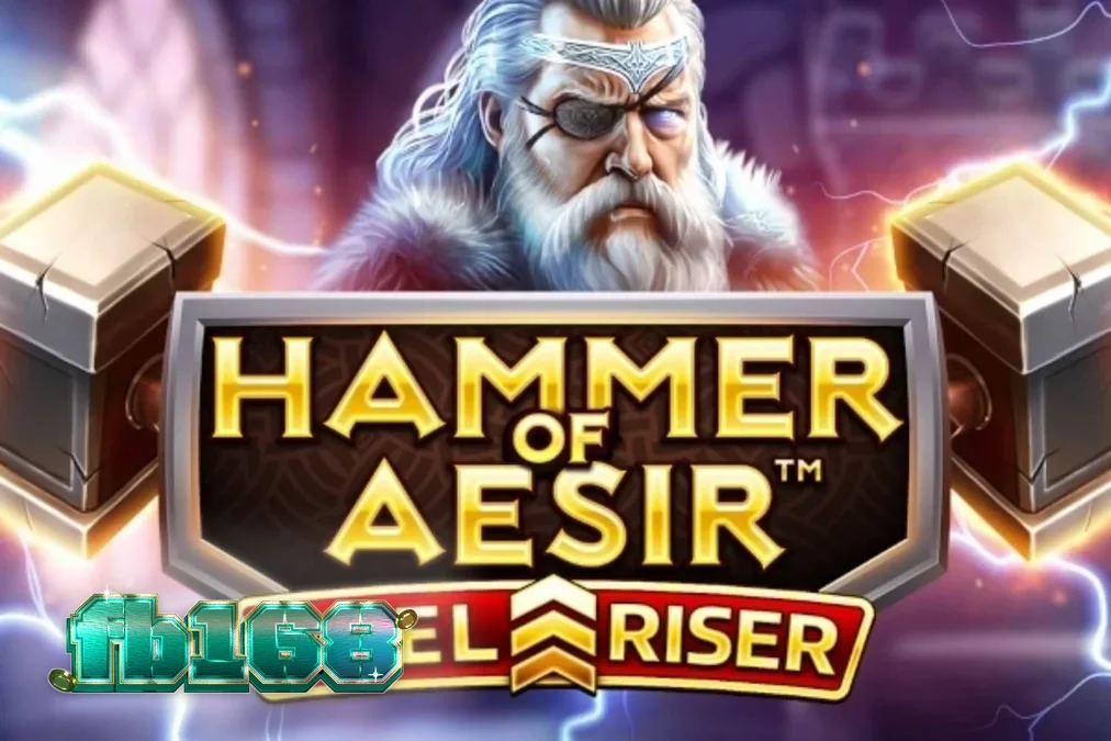 Tampilan antarmuka seluler dari slot Hammer of Aesir yang menunjukkan gulungan dan tombol kontrol.